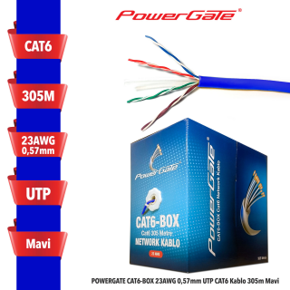 POWERGATE CAT6-BOX-BL 23AWG 0,57mm UTP CAT6 Kablo 305m Mavi
