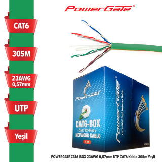 POWERGATE CAT6-BOX-GN 23AWG 0,57mm UTP CAT6 Kablo 305m Yeşil