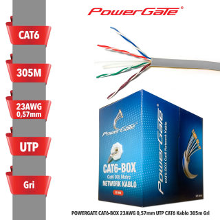 POWERGATE CAT6-BOX-GY 23AWG 0,57mm UTP CAT6 Kablo 305m Gri